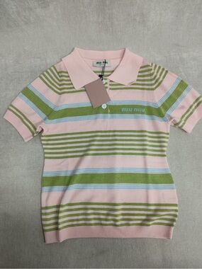 🌸 Miu Miu Pink Green Blue Striped Knit Polo Short Sleeve Top Logo Embroidery NWT